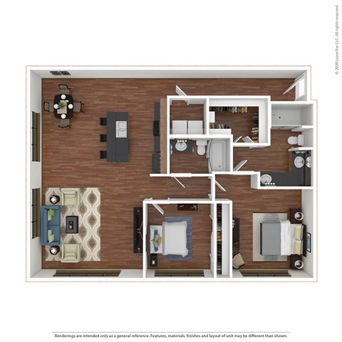 2x2 B2 a stylized floor plan with a bedroom and living room